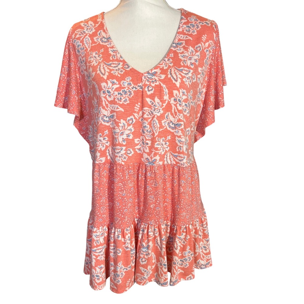 Cato Cottage Coral Floral Babydoll Top V-Neck Tiered Flutter Sleeve Plus Size‎